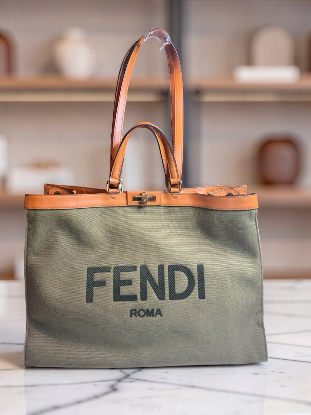 Fendi Peekaboo X-Tote Large Olive Canvas Tan Leather Trim Gold HW